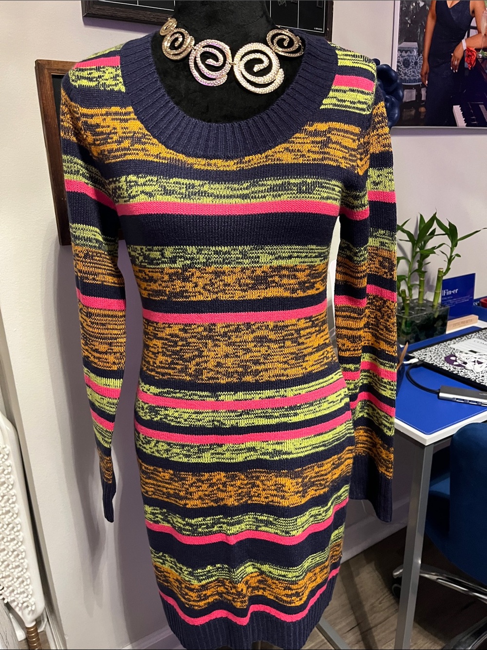 Striped Knit Bodycon Dress - Navy with Pink & Yellow Accents